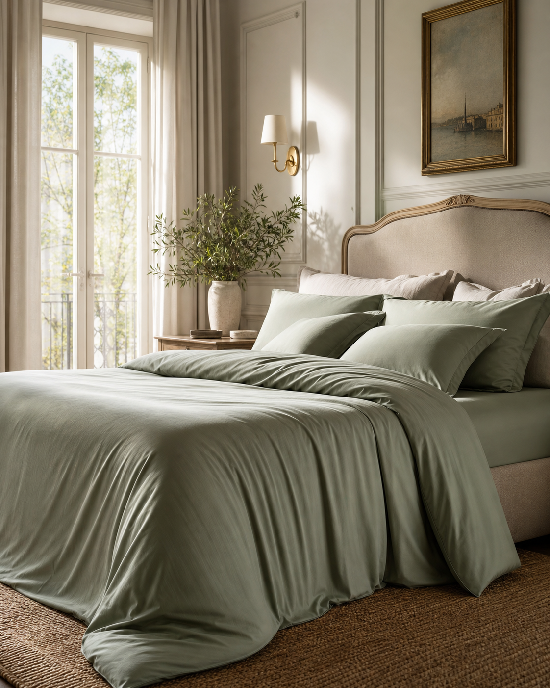 Premium sage green bamboo viscose bedding in an elegant European bedroom with soft morning light